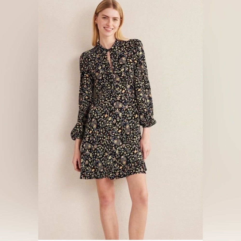 Boden Floral Print Tie Neck Shirt Dress Keyhole Long Sleeve Black